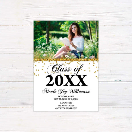 Elegant graduation invitation featuring a customizable photo at the top with a sparkling glitter accent. The bottom half includes "Class of 20XX" in a bold, decorative script, with space for the graduate’s name, school, ceremony date, time, and location details. The design includes gold glitter embellishments for a celebratory touch. Gold.