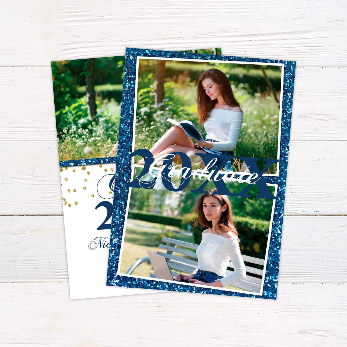 Elegant graduation invitation featuring a customizable photo at the top with a sparkling glitter accent. The bottom half includes "Class of 20XX" in a bold, decorative script, with space for the graduate’s name, school, ceremony date, time, and location details. The design includes gold glitter embellishments for a celebratory touch. Back Blue.