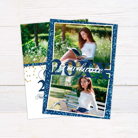 Elegant graduation invitation featuring a customizable photo at the top with a sparkling glitter accent. The bottom half includes "Class of 20XX" in a bold, decorative script, with space for the graduate’s name, school, ceremony date, time, and location details. The design includes gold glitter embellishments for a celebratory touch. Back Blue.
