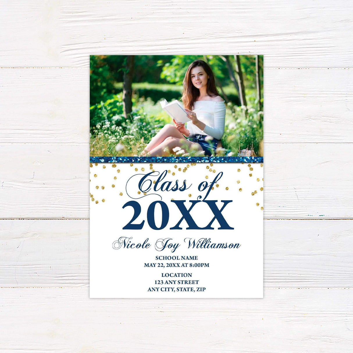 Elegant graduation invitation featuring a customizable photo at the top with a sparkling glitter accent. The bottom half includes "Class of 20XX" in a bold, decorative script, with space for the graduate’s name, school, ceremony date, time, and location details. The design includes gold glitter embellishments for a celebratory touch. Blue.