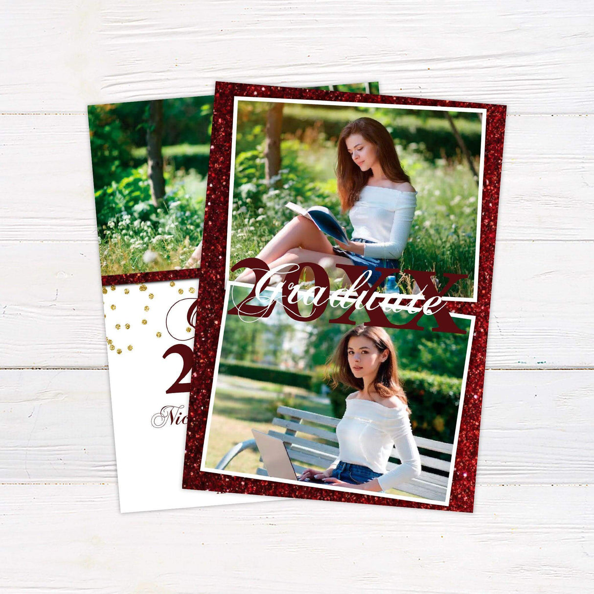 Elegant graduation invitation featuring a customizable photo at the top with a sparkling glitter accent. The bottom half includes "Class of 20XX" in a bold, decorative script, with space for the graduate’s name, school, ceremony date, time, and location details. The design includes gold glitter embellishments for a celebratory touch. Back Maroon.