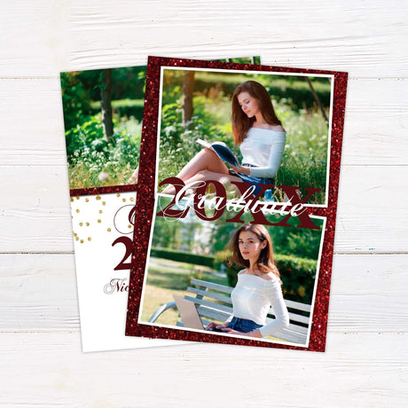 Elegant graduation invitation featuring a customizable photo at the top with a sparkling glitter accent. The bottom half includes "Class of 20XX" in a bold, decorative script, with space for the graduate’s name, school, ceremony date, time, and location details. The design includes gold glitter embellishments for a celebratory touch. Back Maroon.