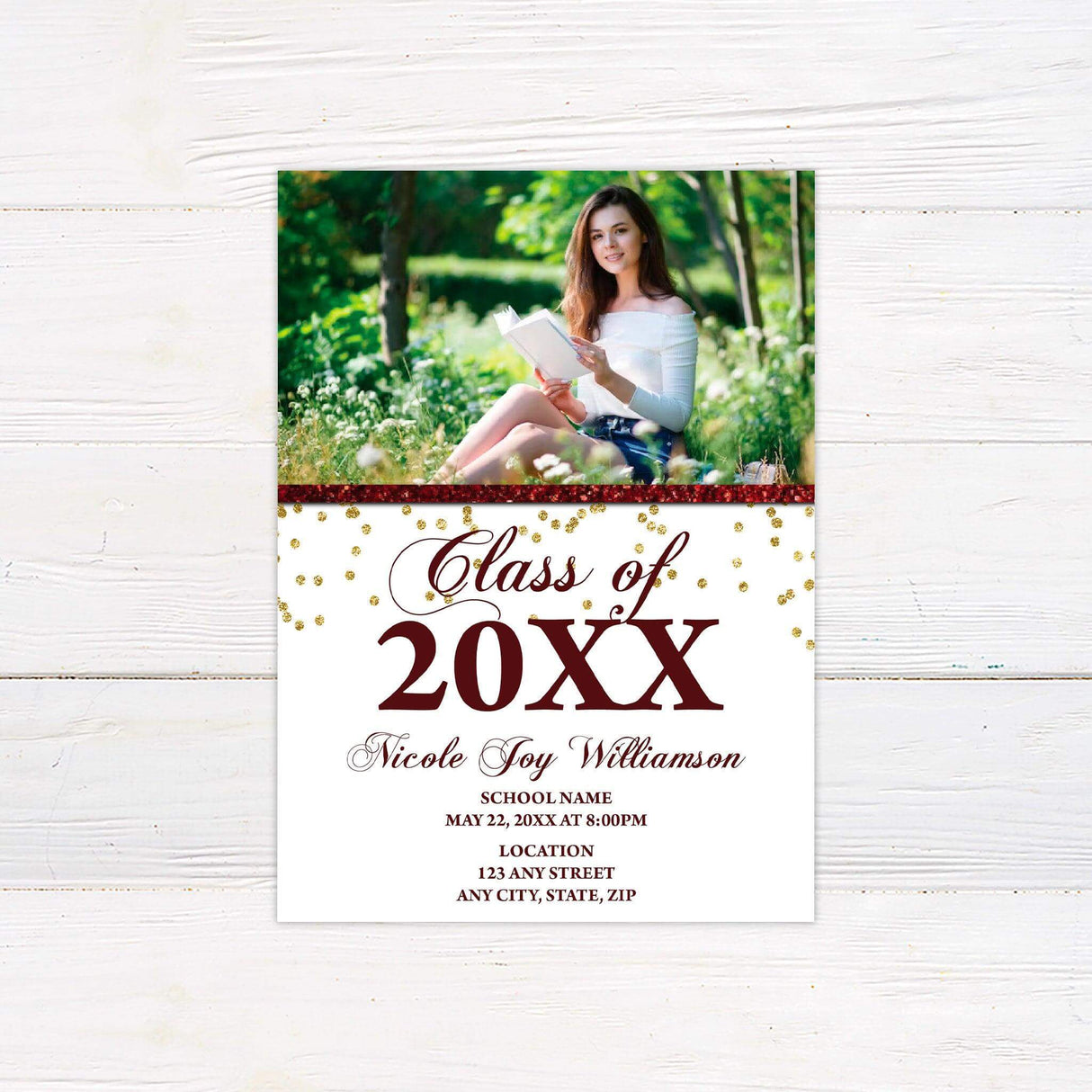 Elegant graduation invitation featuring a customizable photo at the top with a sparkling glitter accent. The bottom half includes "Class of 20XX" in a bold, decorative script, with space for the graduate’s name, school, ceremony date, time, and location details. The design includes gold glitter embellishments for a celebratory touch. Maroon.