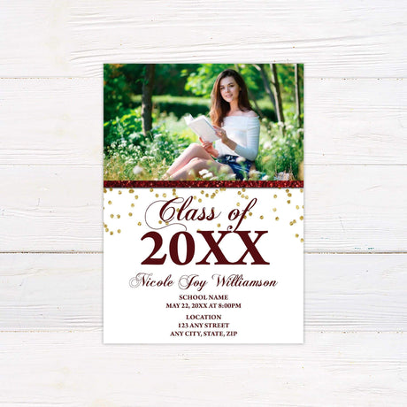 Elegant graduation invitation featuring a customizable photo at the top with a sparkling glitter accent. The bottom half includes "Class of 20XX" in a bold, decorative script, with space for the graduate’s name, school, ceremony date, time, and location details. The design includes gold glitter embellishments for a celebratory touch. Maroon.