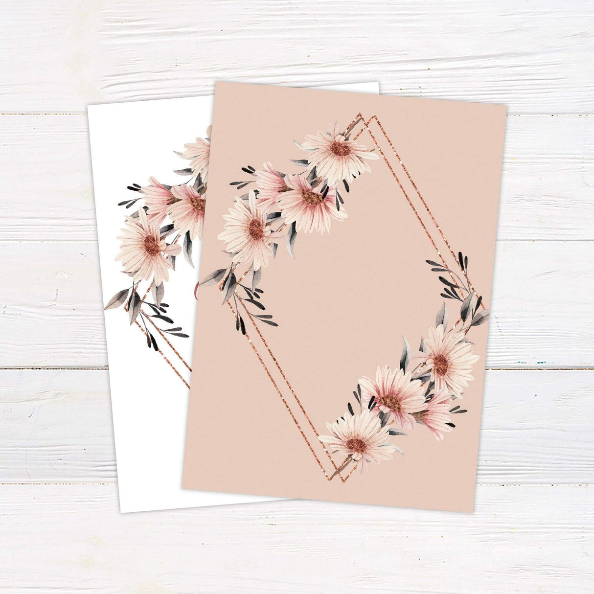 Blush pink daisy wedding invitation with rose gold glitter diamond frame and elegant typography - back