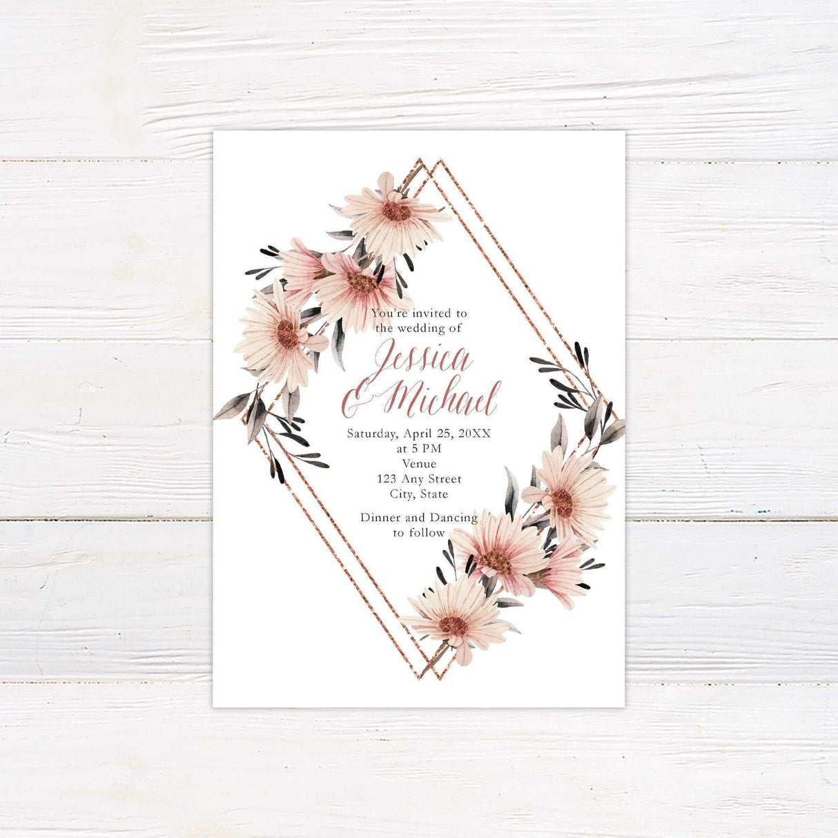 Blush pink daisy wedding invitation with rose gold glitter diamond frame and elegant typography