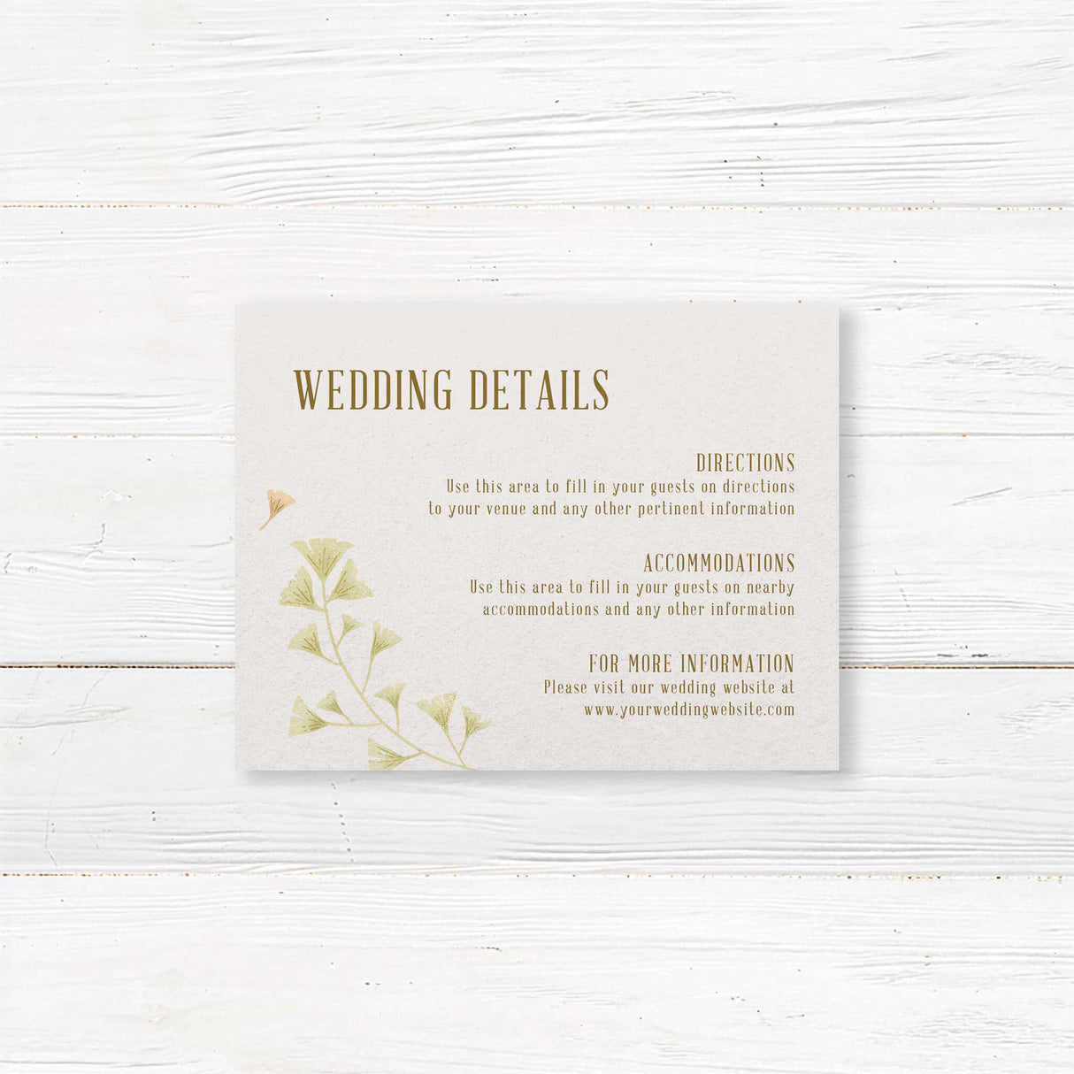 Minimalist wedding details card featuring delicate gold and green ginkgo leaves. Custom printed on luxury cardstock to share accommodations, directions, or wedding website info. Complements botanical, rustic, and elegant wedding themes. A stylish addition to any wedding invitation suite.