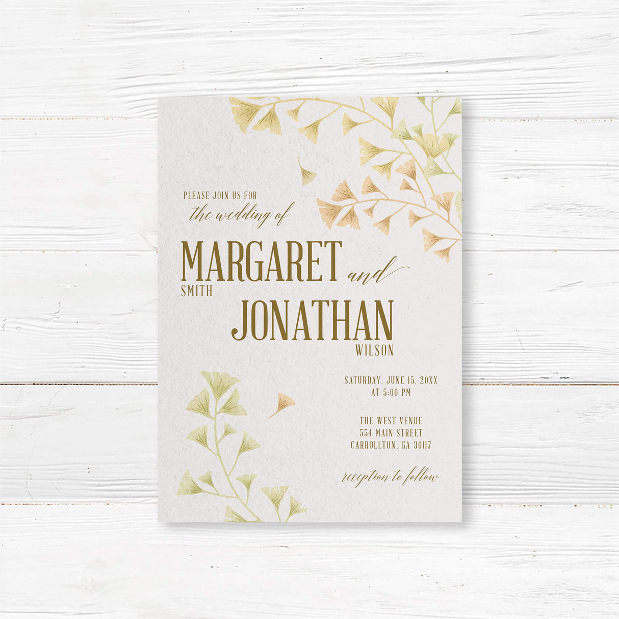 Elegant ginkgo leaf wedding invitation with gold accents and botanical watercolor design. Printed on high-quality textured cardstock. Customizable with names, wedding date, and venue details. Ideal for minimalist, botanical, and rustic wedding themes. Includes matching envelopes for a complete wedding suite.