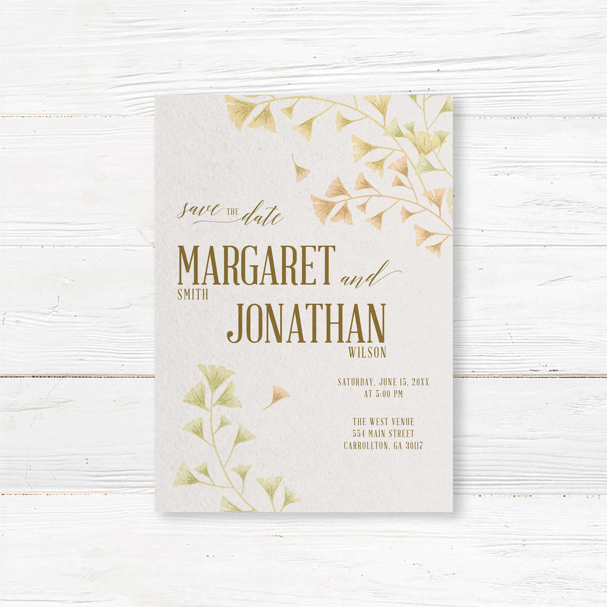 Botanical save the date card featuring gold and green ginkgo leaves with elegant script. Printed on premium cardstock with matching envelopes. Customizable with wedding details. Perfect for modern, minimalist, and nature-inspired weddings, ensuring guests mark their calendars for the big day.
