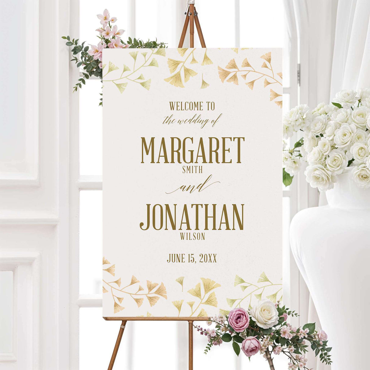 Elegant wedding welcome sign with watercolor ginkgo leaves and gold accents. Printed on durable foam core or poster board. Customizable with names and wedding date. Available in multiple sizes for ceremony and reception entrance displays. Ideal for rustic, boho, and nature-themed weddings