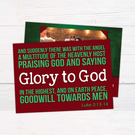 Rustic Christmas card with framed family photo, red and green design, and customizable holiday greeting with personalized family name. - back.