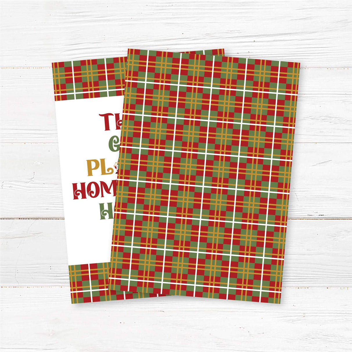 Plaid holiday card with festive gnome illustration and the phrase “There’s Gnome Place Like Home for the Holidays” back side