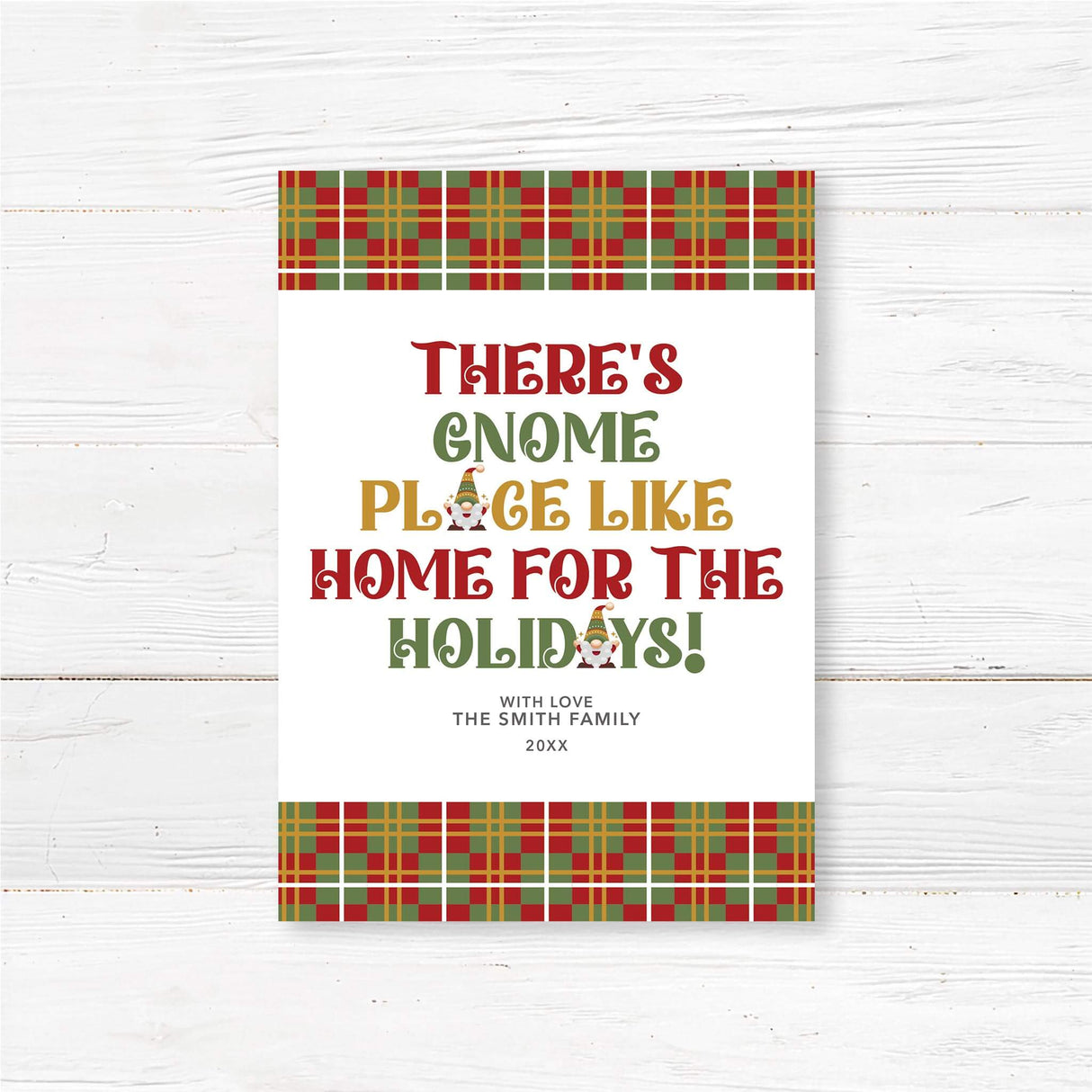 Plaid holiday card with festive gnome illustration and the phrase “There’s Gnome Place Like Home for the Holidays”