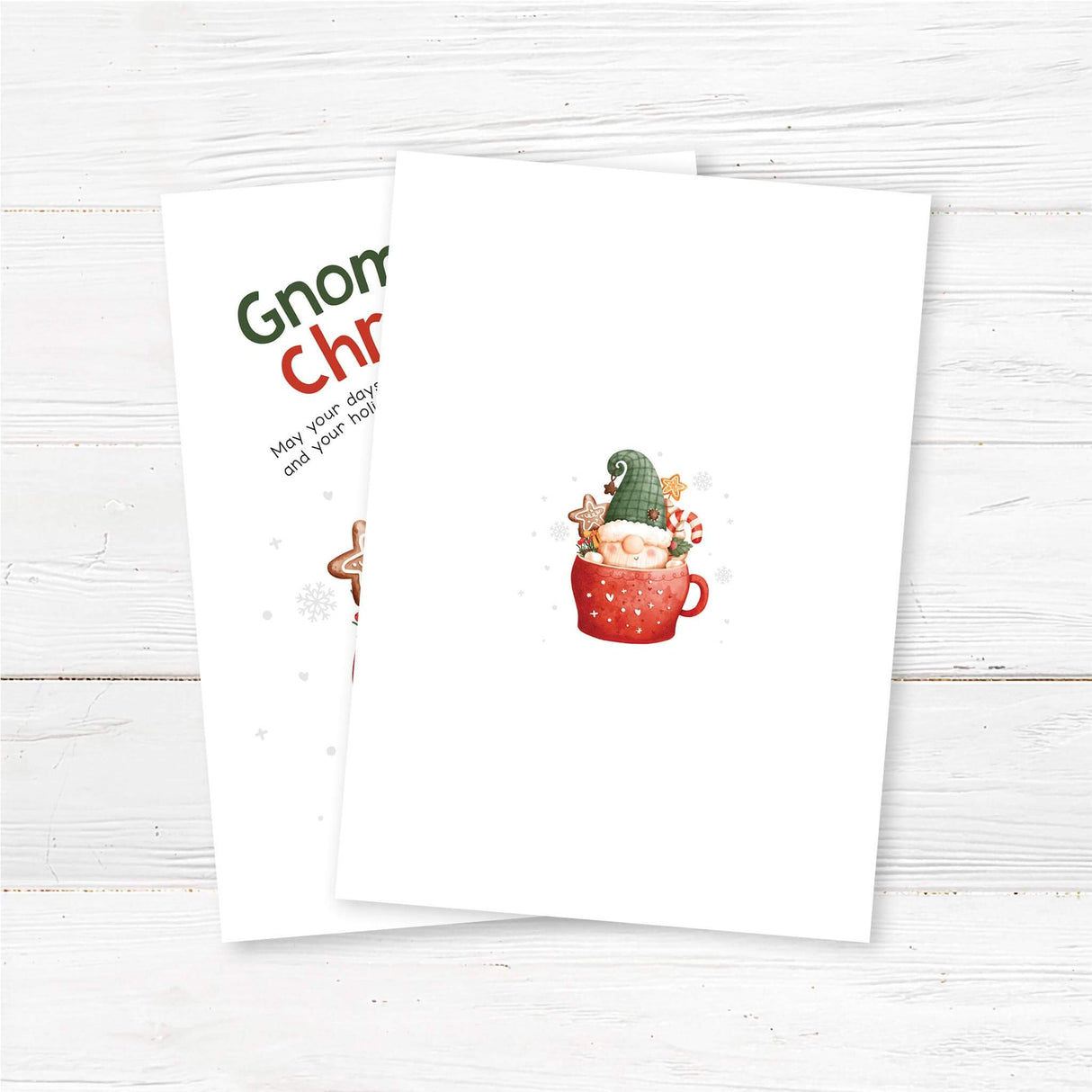 Festive Christmas greeting card featuring a gnome in a red cocoa mug with candy canes and gingerbread cookies. Cheerful watercolor holiday design. - back