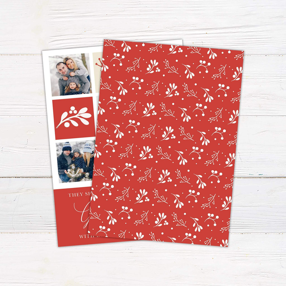 Religious Christmas card with red and cream photo grid layout, festive botanical illustrations, family photos, and “God With Us” message at the bottom. back side