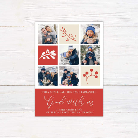 Religious Christmas card with red and cream photo grid layout, festive botanical illustrations, family photos, and “God With Us” message at the bottom.