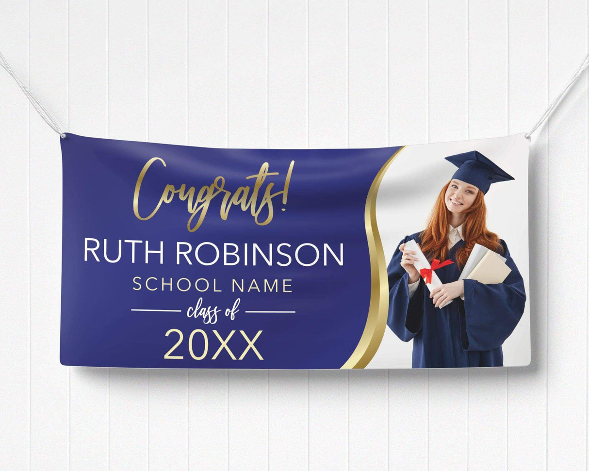 Elegant "Congrats!" Graduation Vinyl Banner featuring a bold gold-accented design, class year, and a celebratory graduation photo. Custom colors and school name available. navy and gold