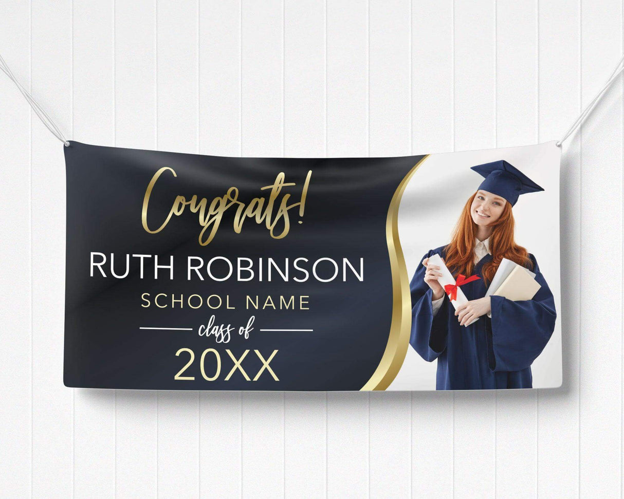 Elegant "Congrats!" Graduation Vinyl Banner featuring a bold gold-accented design, class year, and a celebratory graduation photo. Custom colors and school name available. black and gold
