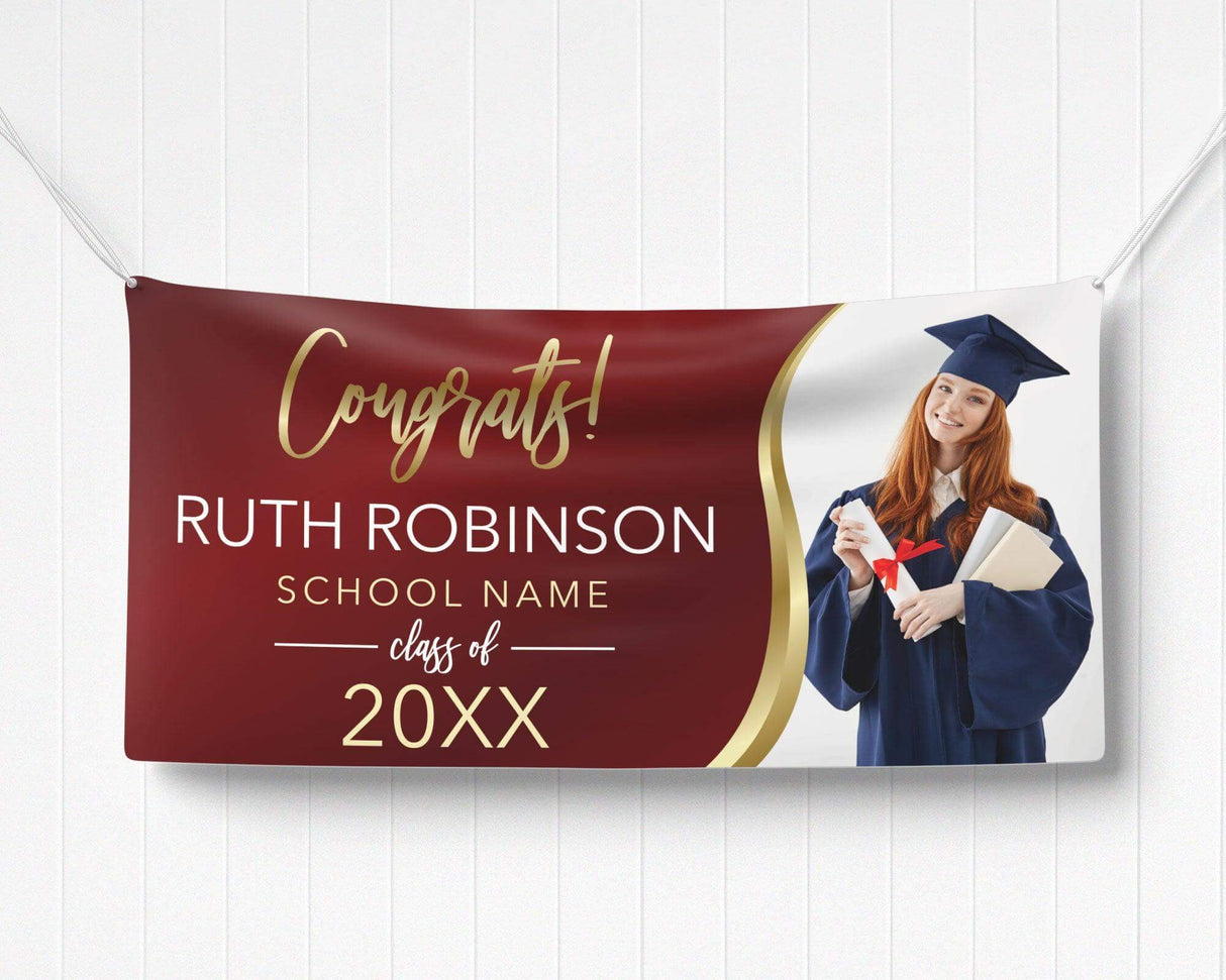 Elegant "Congrats!" Graduation Vinyl Banner featuring a bold gold-accented design, class year, and a celebratory graduation photo. Custom colors and school name available. burgundy
