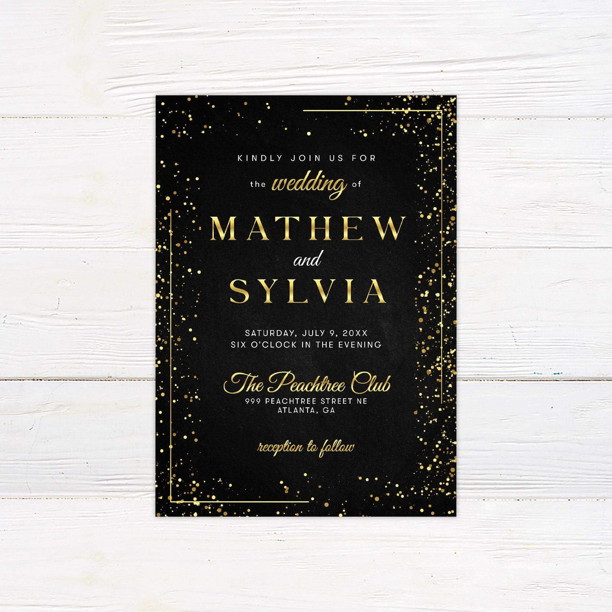 Black wedding invitation with gold dust confetti, foil-style typography, and elegant serif details