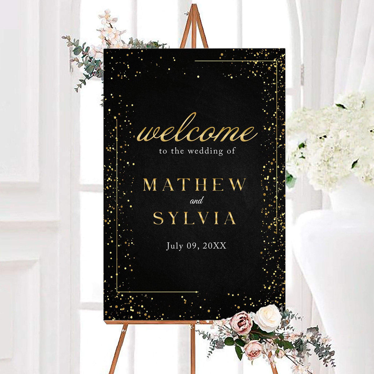 Personalized gold dust wedding welcome sign featuring gold-inspired confetti speckles and thin geometric accents on a dark background. The couple’s names and wedding date are displayed in elegant script and classic typography.
