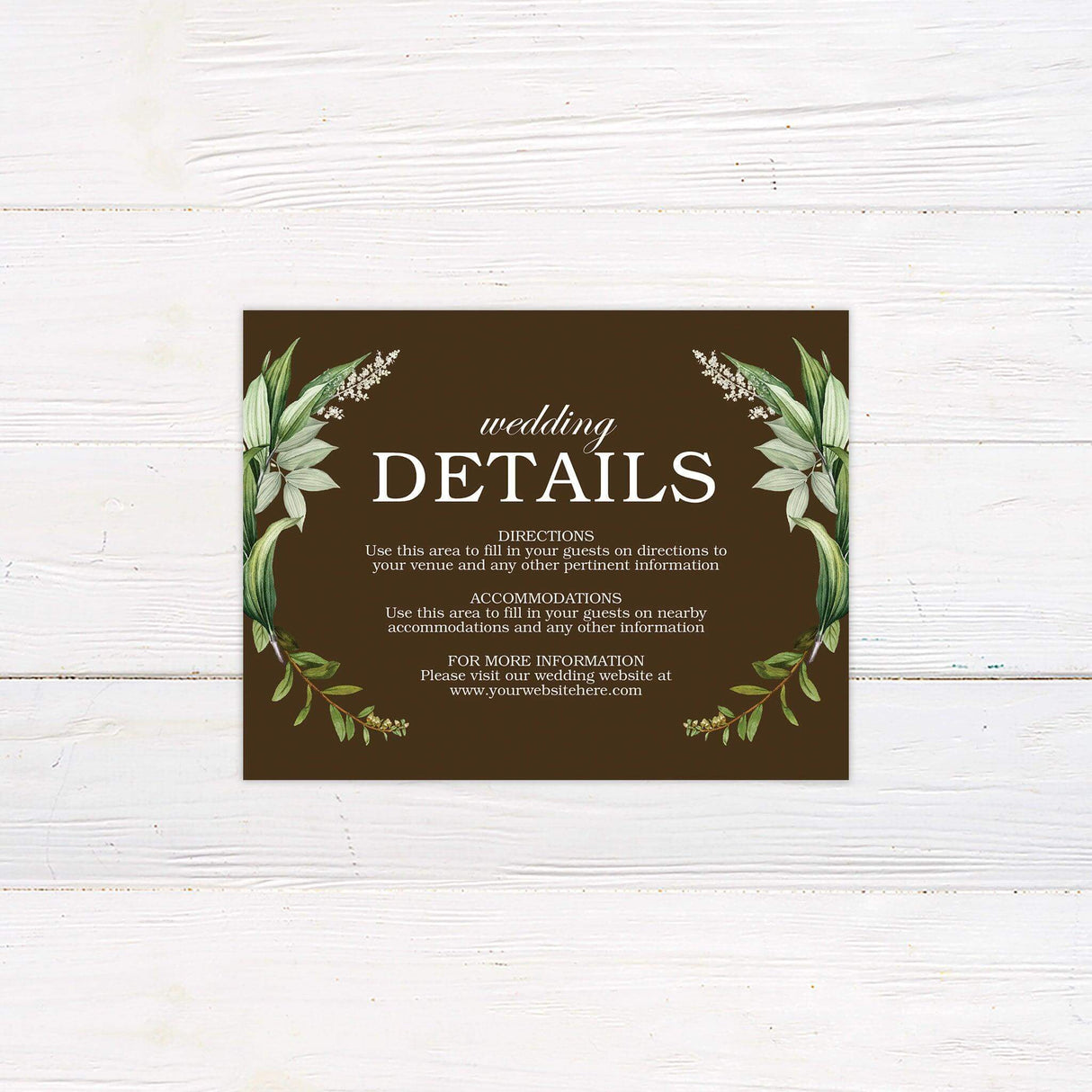 Gold Frame Foliage Invitations with elegant botanical arch and white lilies on brown background for weddings