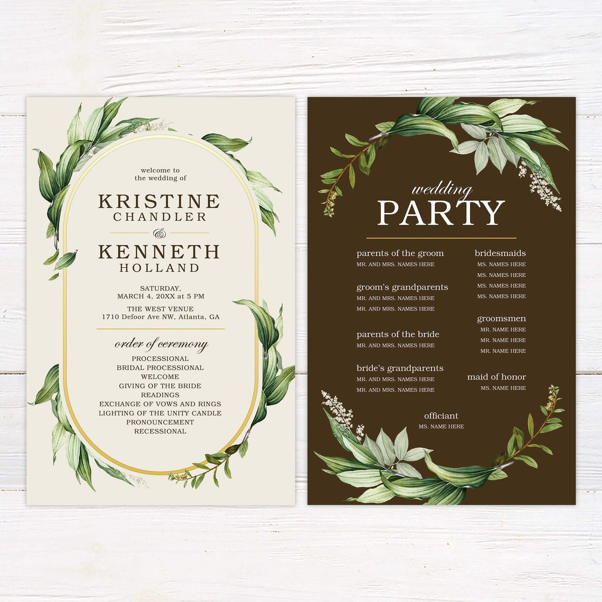 Gold Frame Foliage Invitations featuring botanical arch design for weddings and elegant celebrations.