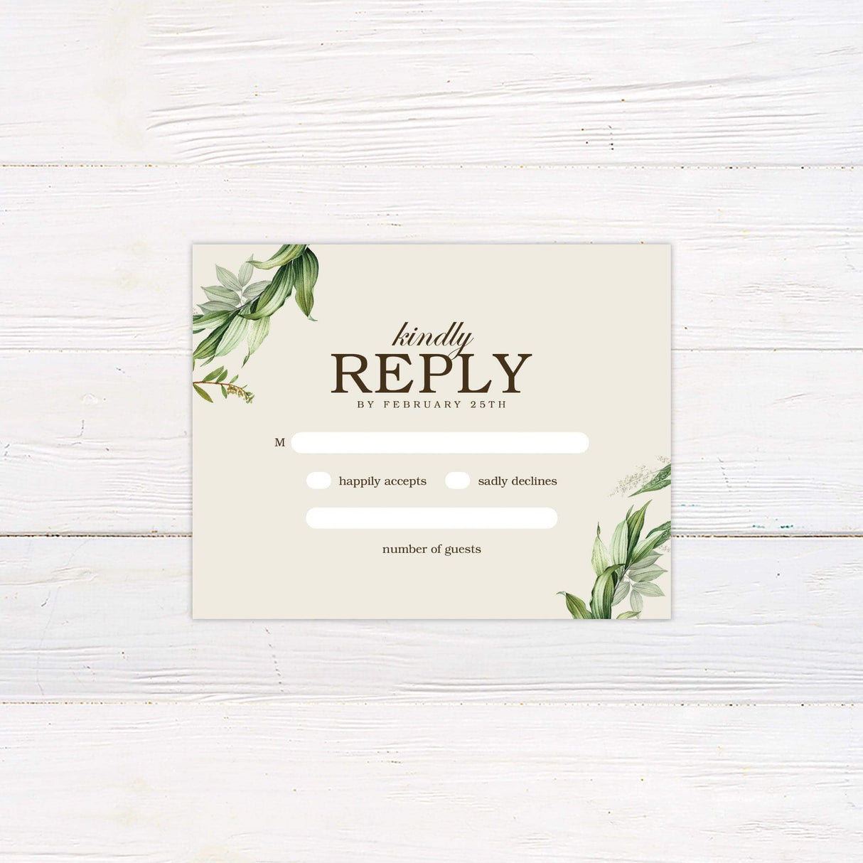 Gold Frame Foliage Invitations RSVP card with green botanical accents and elegant typography on cream background for weddings.
