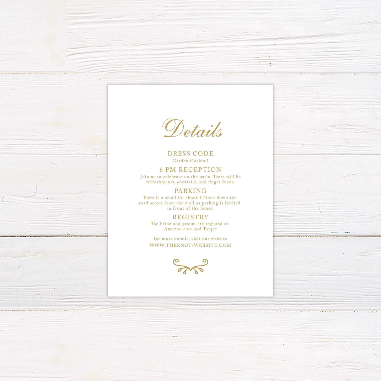 A details with a classic white background features intricate gold filigree designs in the corners, creating an elegant and sophisticated frame. The text is arranged in a refined mix of serif and script fonts, highlighting the couple’s names and event details, including the date, time, and venue. This design exudes timeless luxury, making it perfect for formal, vintage, or traditional wedding celebrations.