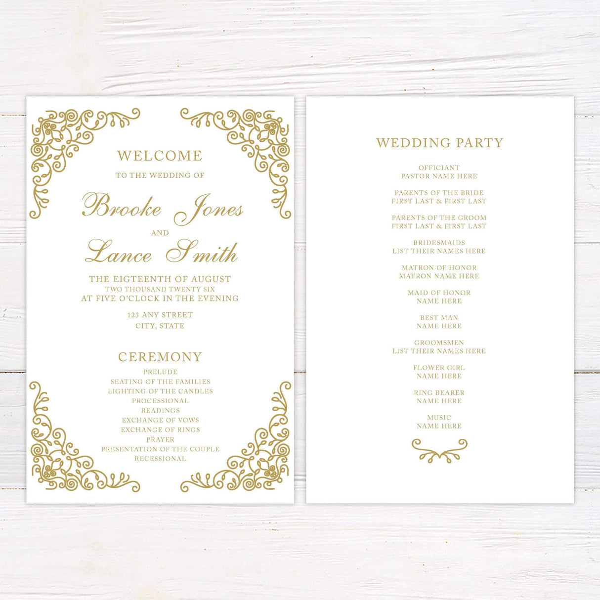 A wedding program with a classic white background features intricate gold filigree designs in the corners, creating an elegant and sophisticated frame. The text is arranged in a refined mix of serif and script fonts, highlighting the couple’s names and event details, including the date, time, and venue. This design exudes timeless luxury, making it perfect for formal, vintage, or traditional wedding celebrations.