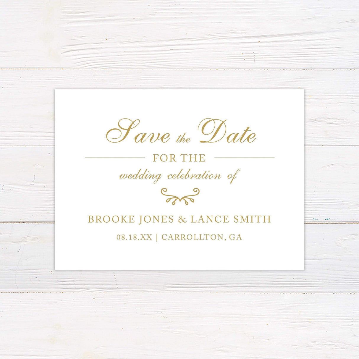 A save the date with a classic white background features intricate gold filigree designs in the corners, creating an elegant and sophisticated frame. The text is arranged in a refined mix of serif and script fonts, highlighting the couple’s names and event details, including the date, time, and venue. This design exudes timeless luxury, making it perfect for formal, vintage, or traditional wedding celebrations.