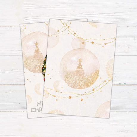 Elegant Christmas card with gold glitter accents and a circular photo frame. Customize with your own family photo and personalized holiday message. - back.