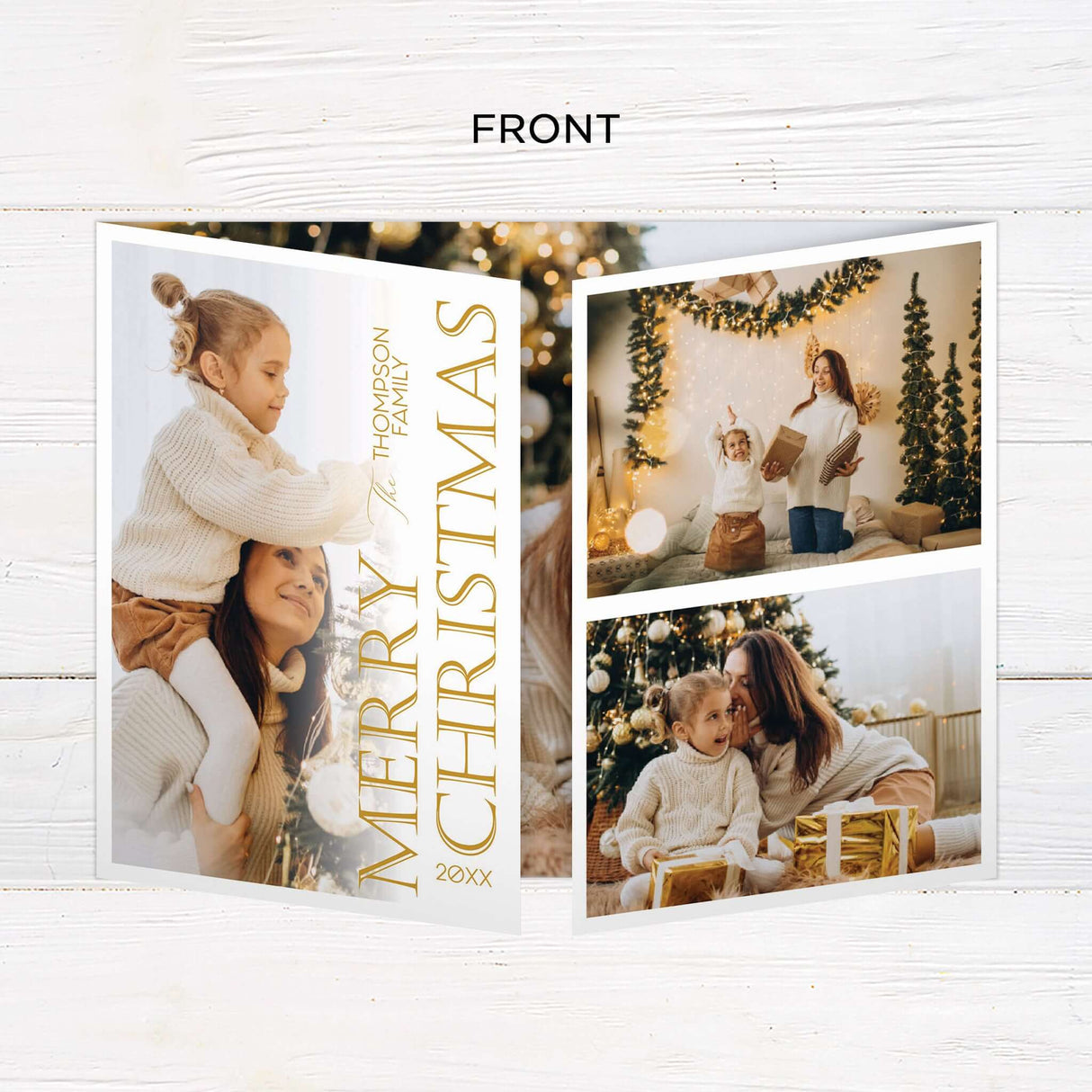 This gold minimalist gatefold Christmas card features a sleek layout with modern typography and botanical illustrations. The design includes space for a photo and a customizable holiday message. - front.