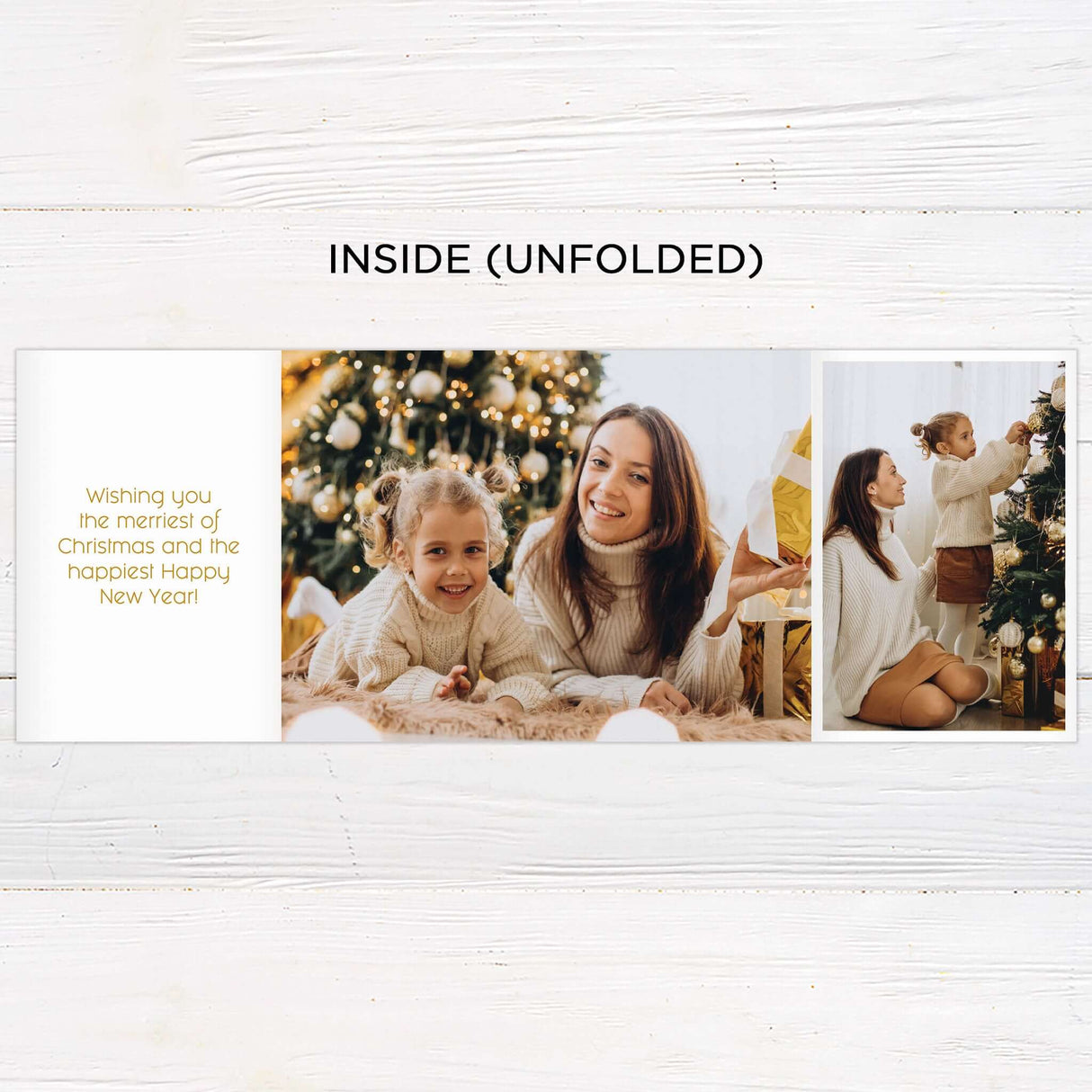 This gold minimalist gatefold Christmas card features a sleek layout with modern typography and botanical illustrations. The design includes space for a photo and a customizable holiday message. - inside.