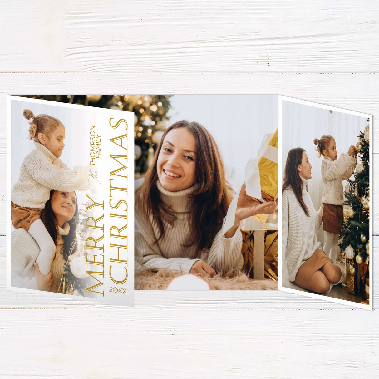 This gold minimalist gatefold Christmas card features a sleek layout with modern typography and botanical illustrations. The design includes space for a photo and a customizable holiday message.