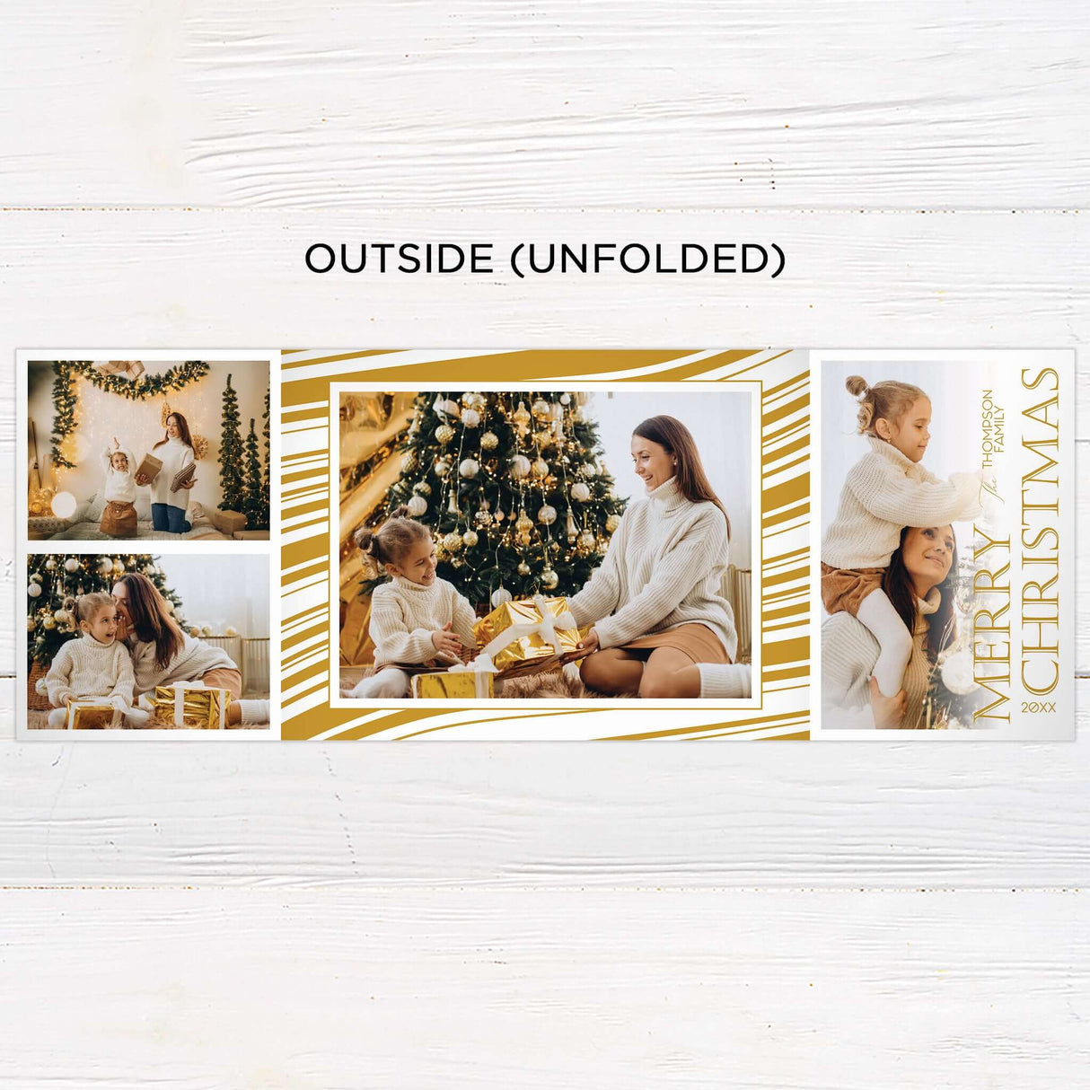 This gold minimalist gatefold Christmas card features a sleek layout with modern typography and botanical illustrations. The design includes space for a photo and a customizable holiday message. - outside.