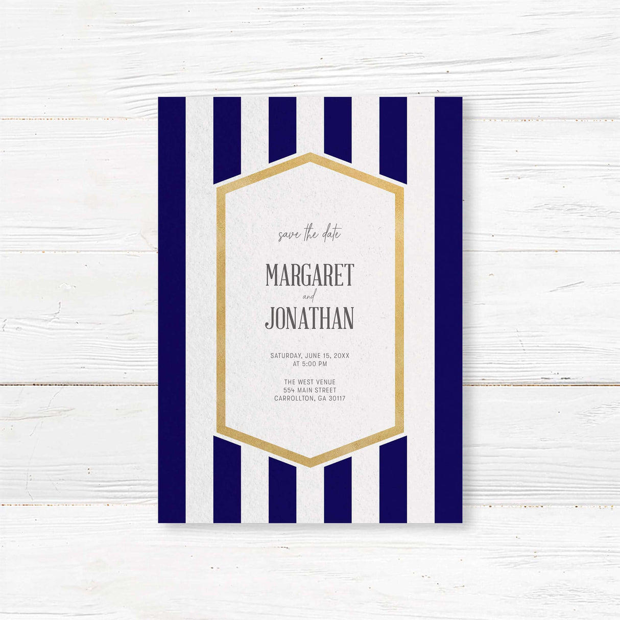 Save the Date card with navy stripes, gold border, and elegant modern font styling