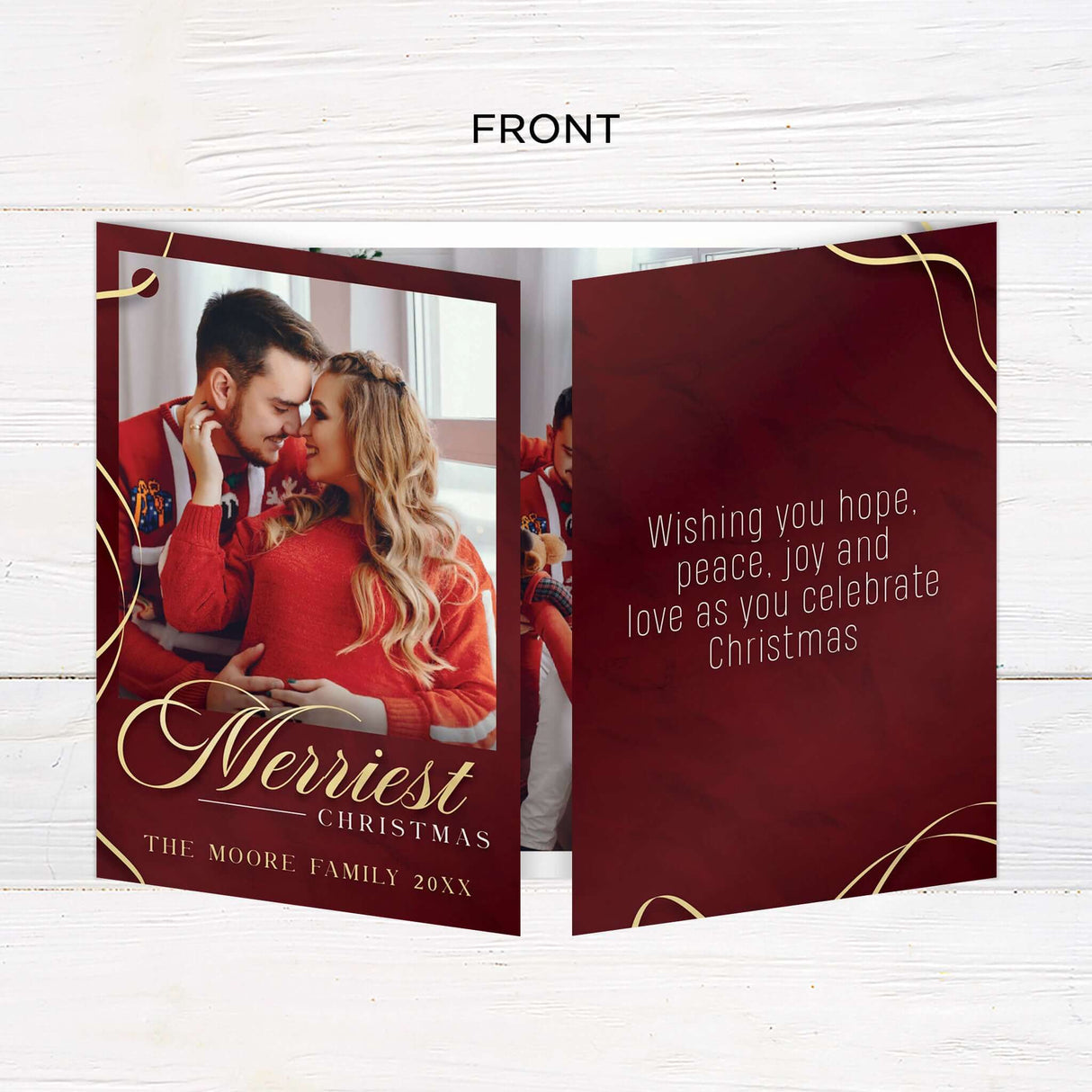 This festive gatefold Christmas card features a deep red background with gold ribbon accents and space for multiple family photos. The design includes a heartfelt holiday message and elegant modern text. - front.