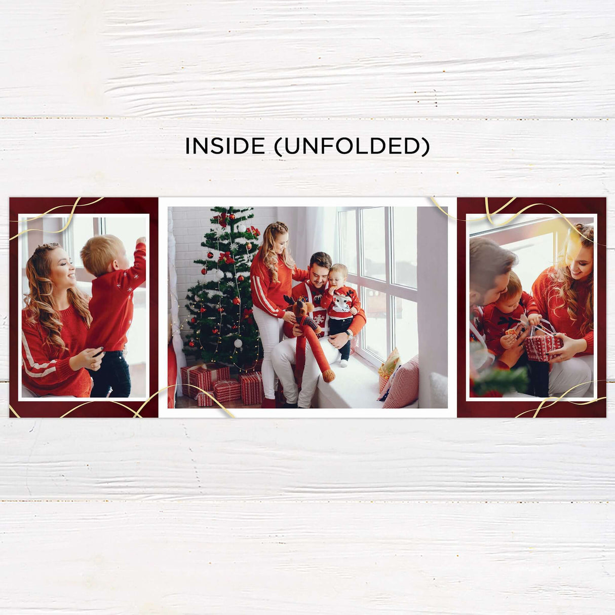 This festive gatefold Christmas card features a deep red background with gold ribbon accents and space for multiple family photos. The design includes a heartfelt holiday message and elegant modern text. - inside.