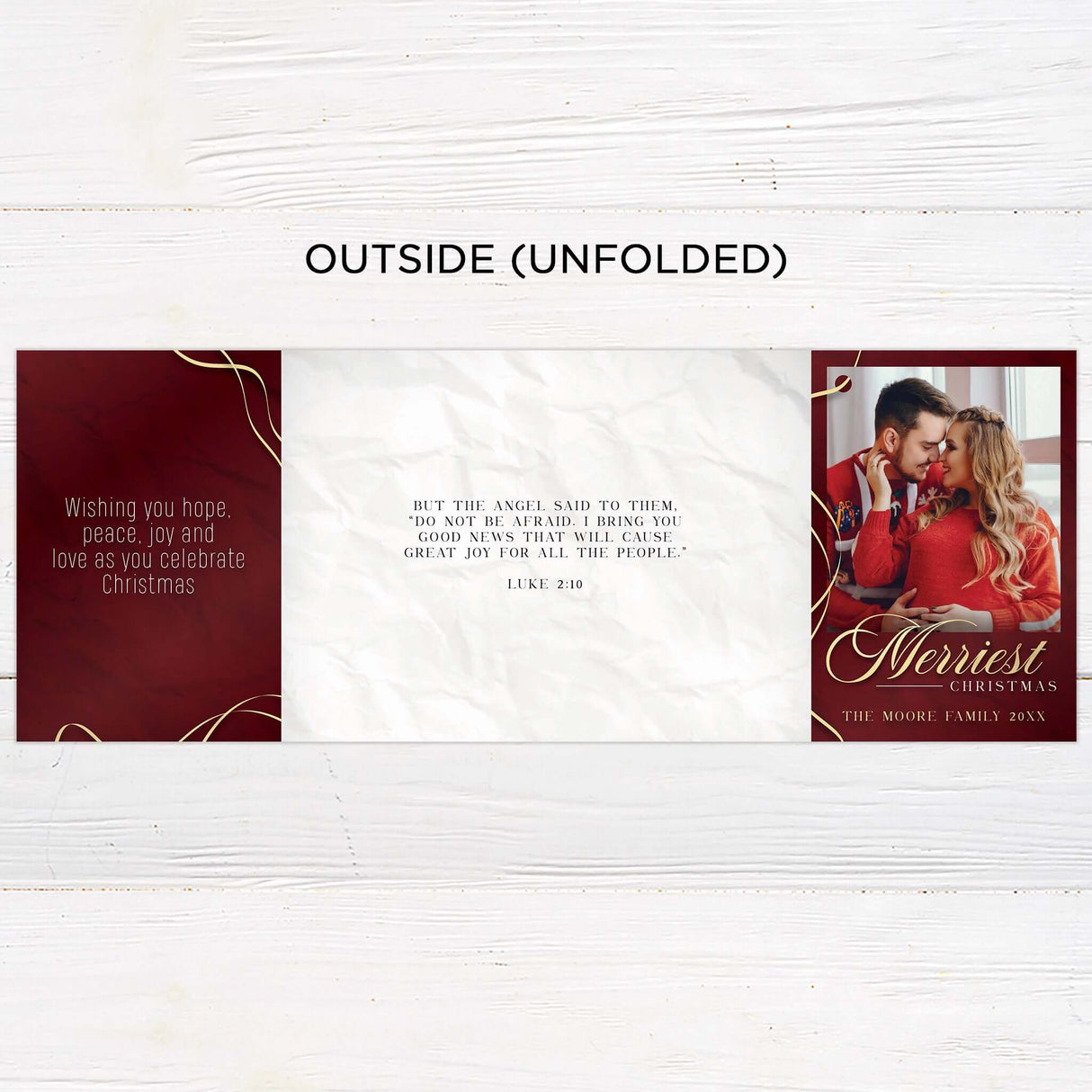 This festive gatefold Christmas card features a deep red background with gold ribbon accents and space for multiple family photos. The design includes a heartfelt holiday message and elegant modern text. - outside.