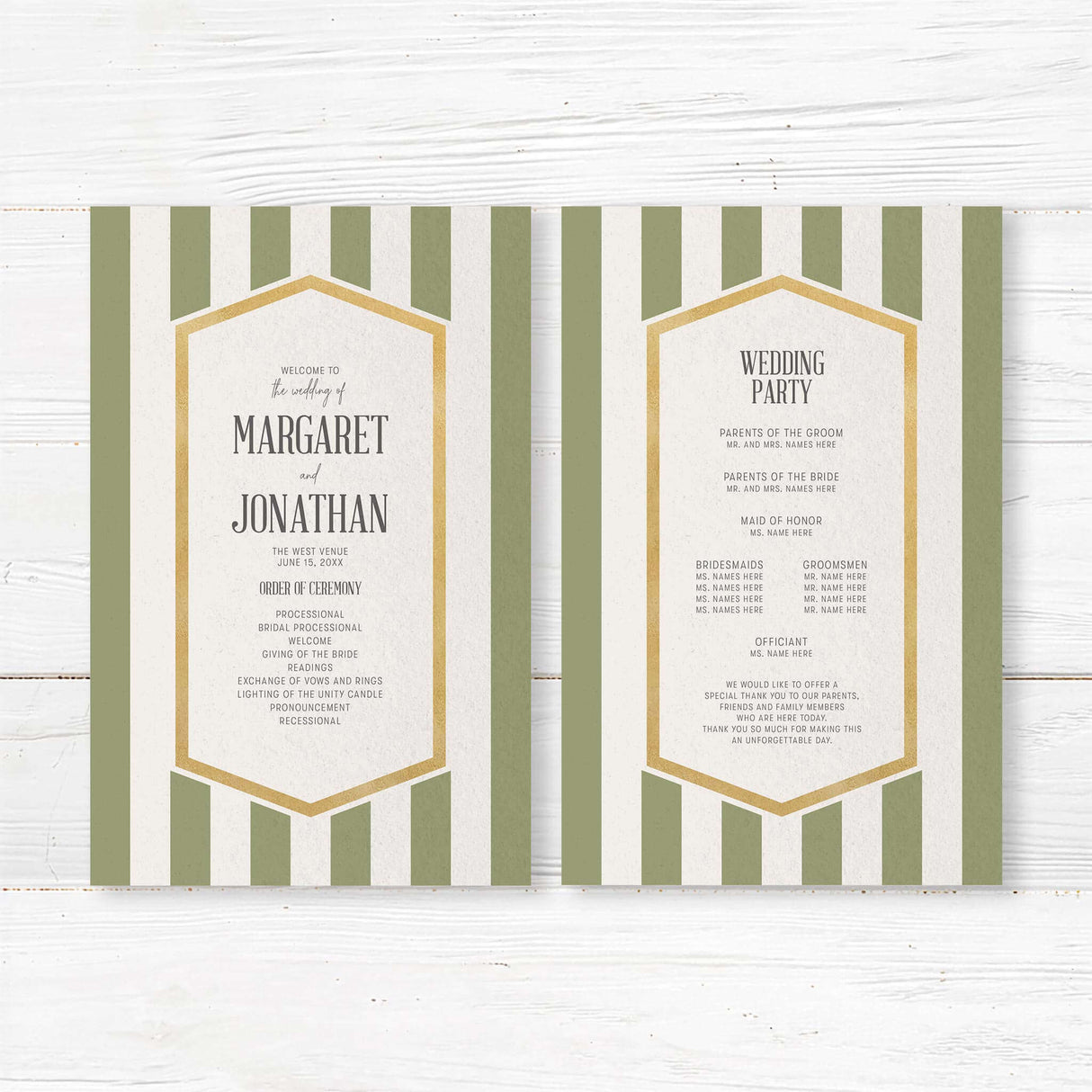 Wedding program with sage green stripes, gold frame, and white panel