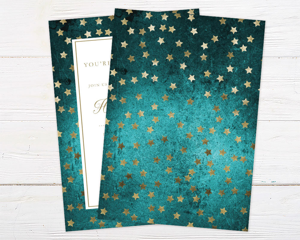 Gold Star Birthday Invitation with teal and gold celestial design
