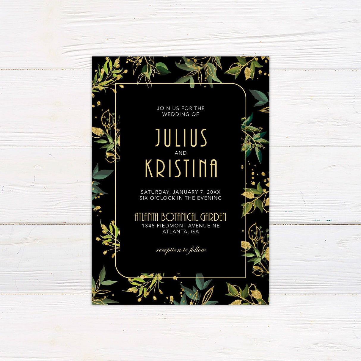 Art Deco wedding invitation with gold glitter foliage, green leaves, and elegant black background