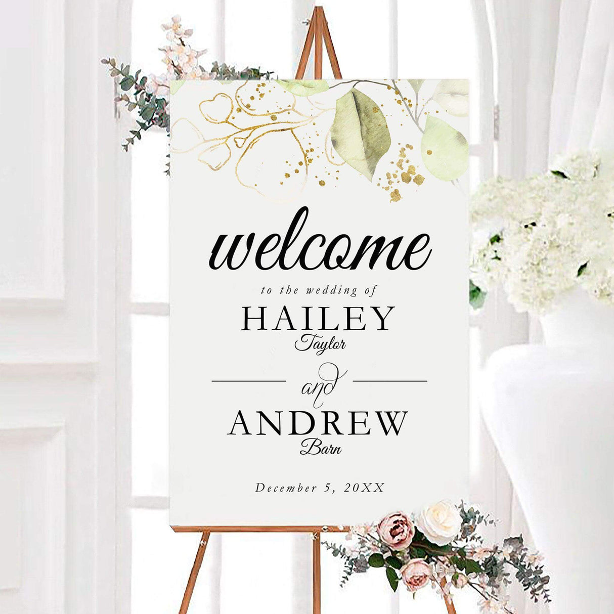 Personalized gold and green leaves wedding welcome sign featuring watercolor green leaves, delicate gold botanical accents, and elegant black typography. The design displays the couple’s names and wedding date on a clean white background.