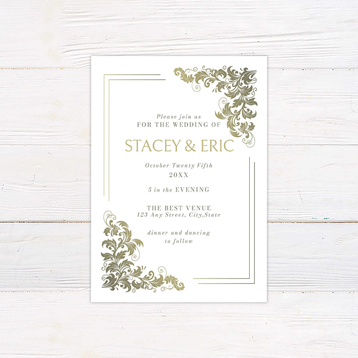 Elegant wedding invitation with gold to green baroque floral corner designs and serif fonts on a white background