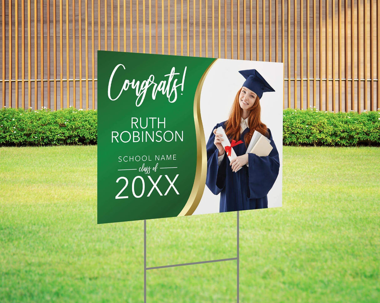 Custom graduation yard sign with a photo, featuring a luxurious green and gold design, personalized graduate’s name, class year, and school name. Printed on durable Coreplast plastic, available in custom colors and single or double-sided print, perfect for high school and college graduates.