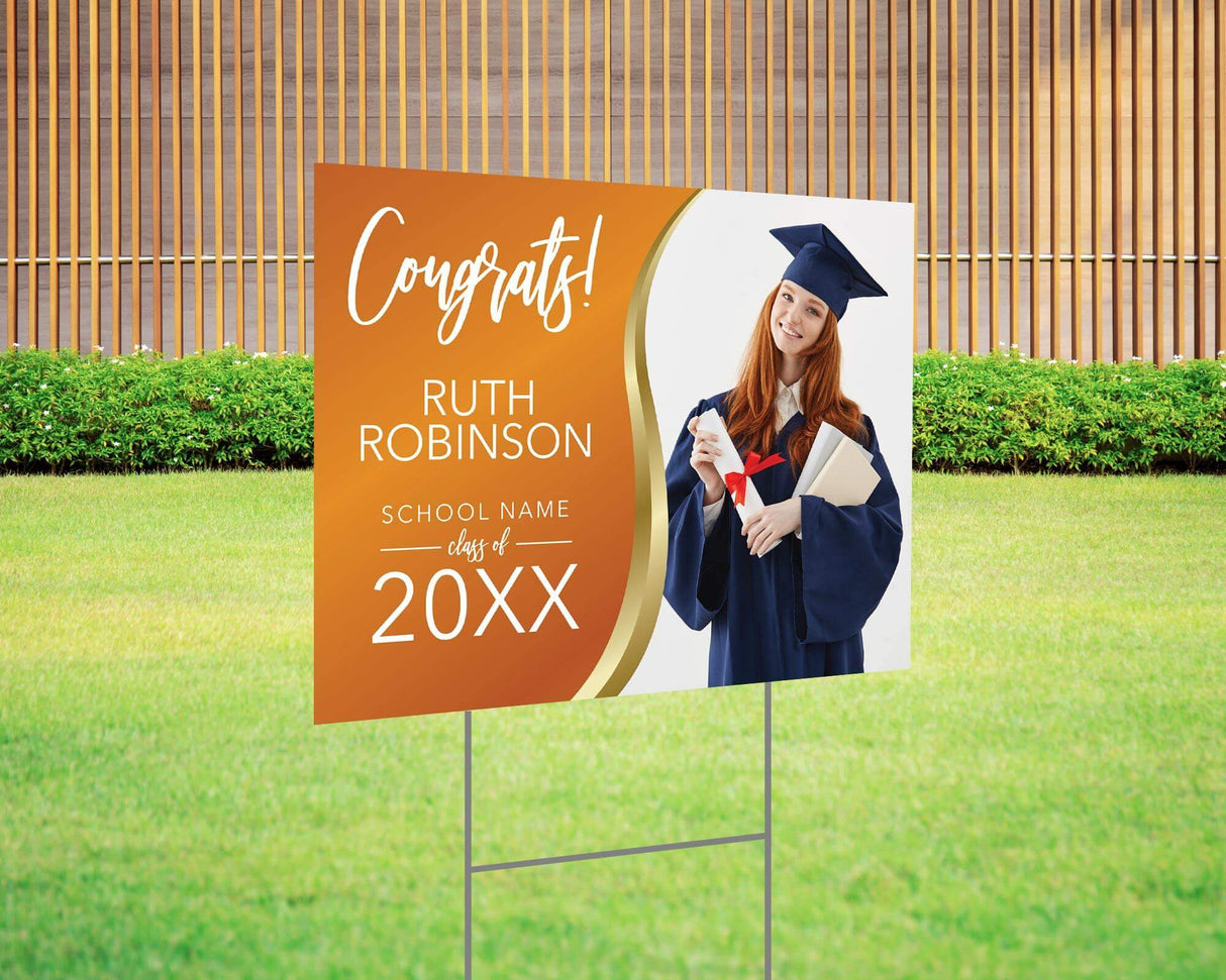 Custom graduation yard sign with a photo, featuring a luxurious orange and gold design, personalized graduate’s name, class year, and school name. Printed on durable Coreplast plastic, available in custom colors and single or double-sided print, perfect for high school and college graduates.