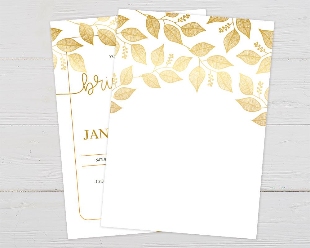 A gold leaves bridal shower invitation with a white background and elegant botanical frame. The design features soft gold foliage and modern script text. - back.