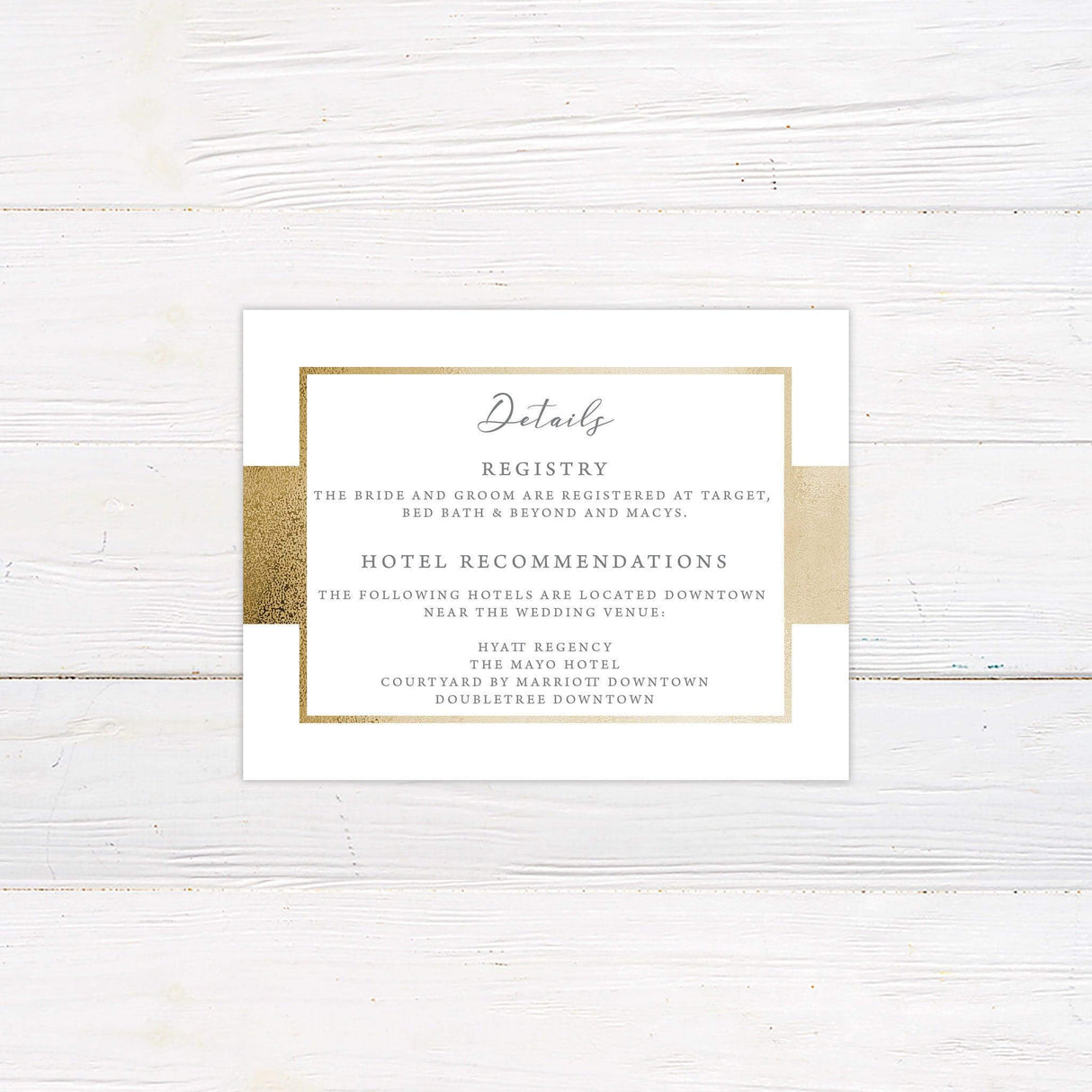 A details with a white background features a modern and elegant design with a metallic gold border. The text is arranged in a refined mix of serif and script fonts, creating a sophisticated and timeless look. Event details, including the date, time, and venue, are centered for a structured and polished appearance. This design exudes luxury and simplicity, making it perfect for formal, modern, or classic wedding celebrations.