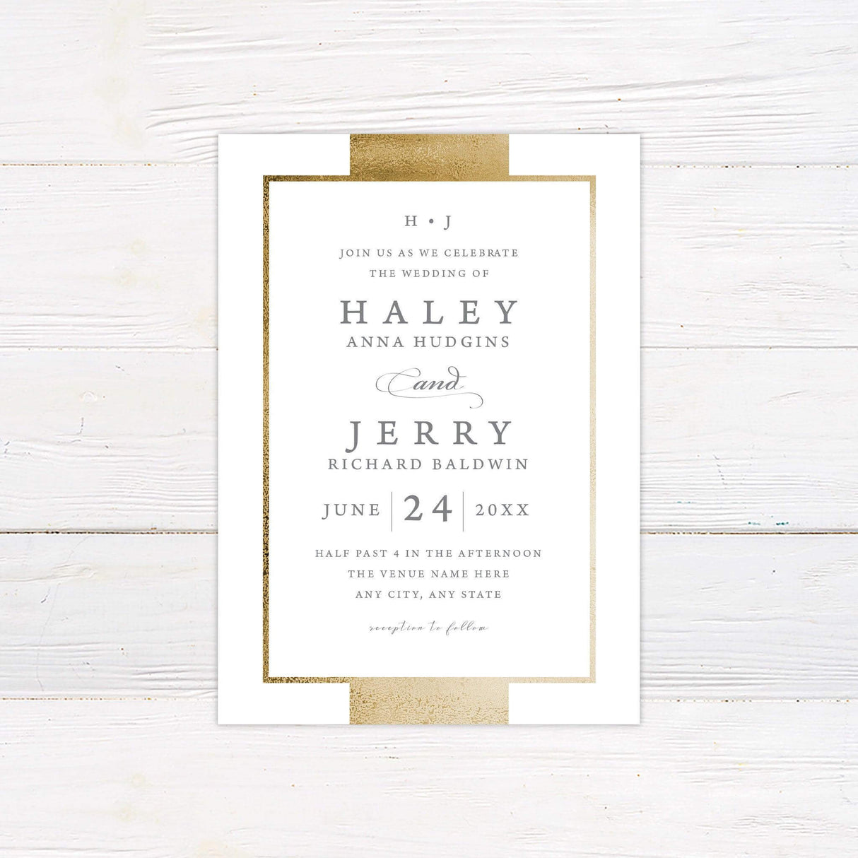 A wedding invitation with a white background features a modern and elegant design with a metallic gold border. The text is arranged in a refined mix of serif and script fonts, creating a sophisticated and timeless look. Event details, including the date, time, and venue, are centered for a structured and polished appearance. This design exudes luxury and simplicity, making it perfect for formal, modern, or classic wedding celebrations.